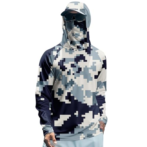 Generisch Herren UV Sonnenschutz Langarmshirt UPF50+ Kapuzenpullover Sun Hoodie Outdoor Wassersport Rashguards Einfarbig/Camo mit Maske von Generisch