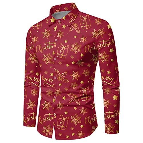 Generisch Herren Weihnachten Hemd Weihnachtshemd Herren Funky Langarm Button Christmas Hawaiihemd Button Down Weihnachtsmann Reindeer Weihnachten Muster Print Freizeithemd Tops (41-Brick Red, L) von Generisch