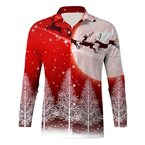 Generisch Herren Weihnachtshemd Funky Hemd 3D Gedrucktes Muster Festlich Weihnachts Freizeithemd Langarm Xmas Shirts Christmas Print Weihnachtsmann Businesshemden Regular Fit Hemden (Red-7, M) von Generisch