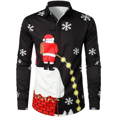 Generisch Herren Weihnachtshemd Funky Hemd 3D Gedrucktes Muster Festlich Weihnachts Freizeithemd Langarm Xmas Shirts Christmas Print Weihnachtsmann Businesshemden Regular Fit Hemden (ZZZA-I, XL) von Generisch