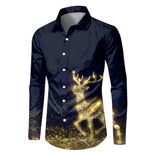 Generisch Herren Weihnachtshemd Funky Hemd 3D Gedrucktes Muster Festlich Weihnachts Freizeithemd Langarm Xmas Shirts Christmas Print Weihnachtsmann Businesshemden Regular Fit Hemden (ZZZB-Blue, L) von Generisch