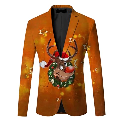 Generisch Herren Weihnachtsjacke Modern Weihnachten Sakko Bedruckte Langarm Sportlich Freizeit Sakko Anzugjacke Xmas Kostüm Slim Fit Lässiger Urlaubsblazer Festliches Outfit Weihnachtsanzug M2024 von Generisch