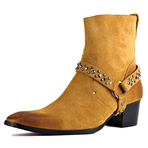 Generisch Herren Wildleder Casual Chelsea Stiefel Schnalle mit Nieten High Heel Reißverschluß Kleid Stiefel,Gelb,44.5 von Generisch