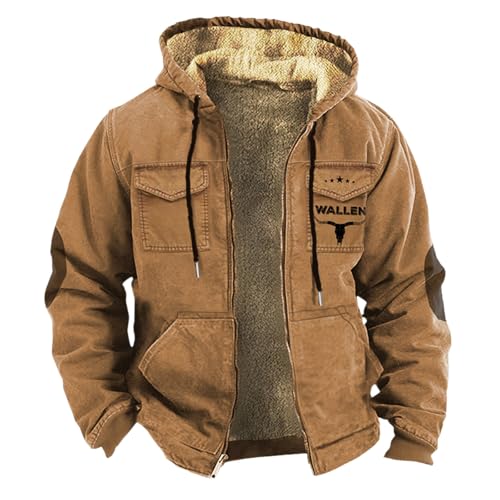 Generisch Herren Winter Plus Samt Verdickt Doppel Western Cowboy 3D Gedruckt Kapuze Warme Baumwolljacke Wintermantel Herren uziert (Brown, L) von Generisch