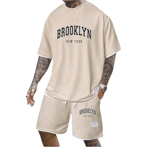 Generisch Herren Zweiteiler Sommer Trainingsanzug Set mit Brooklyn Druck Freizeitanzug Rundhals T-Shirt + Kurze Hose Locker Sportanzug 2 Teiliges Atmungsaktives Sommer Outfit Strand Kleidung von Generisch