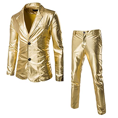 Generisch Herrenmode GläNzender Pailletten Blazer Anzug, Party Prom Hochzeit Bankett Blazer Prom Smoking, EIN-Knopf Slim Fit 2 StüCk Classic Fit Blazer (L,Gold) von Generisch