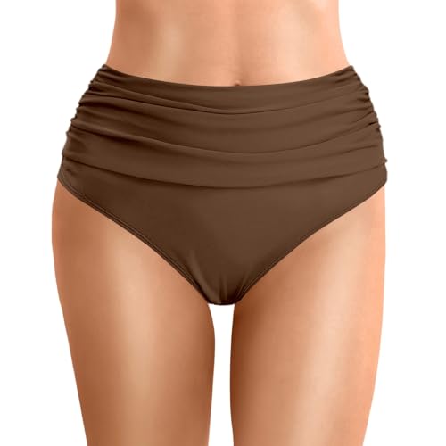Generisch High Waist Bikinihose Damen Badeshorts Badeanzug Retro Bauchweg High Waist Schwarz Bikinihose Abdominal Kontrolle Ruched Klassische Einfarbig Große Größe Badehose Brown M von Generisch