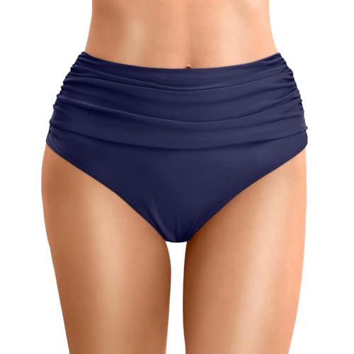Generisch High Waist Bikinihose Damen Badeshorts Badeanzug Retro Bauchweg High Waist Schwarz Bikinihose Abdominal Kontrolle Ruched Klassische Einfarbig Große Größe Badehose Dark Blue XL von Generisch