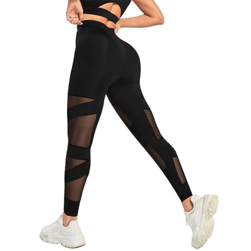High Waist Leggings Damen Mesh Spitze Patchwork Scrunch Yogahose Sommer Lässig Elastische Leggins Gym Fitness Yoga Sport Hosen Jogginghose Laufhose von Generisch