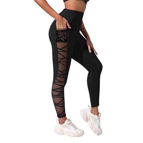 High Waist Leggings Damen Mesh Spitze Patchwork Scrunch Yogahose Sommer Lässig Elastische Leggins Gym Fitness Yoga Sport Hosen Jogginghose Laufhose von Generisch
