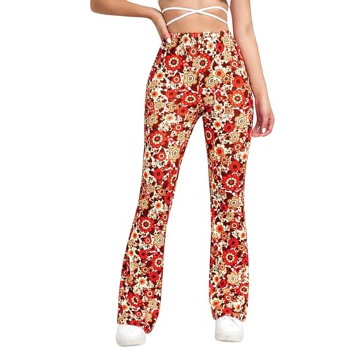 Generisch Hippie Hose Damen 70er Jahre Schlaghose Bunte Boho Hose Blumen High Waist Outfit Disco Kostüm Festival Hosen Yogahose Leggings von Generisch