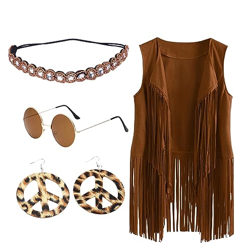 Generisch Hippie Kostüm Damen Set Fransen ärmellos Weste Hippie Kleidung Damen 60er 70er Jahre Bekleidung Damen Mädchen Disco Outfit Braun Fransenweste Damen Hippie Karneval Faschingskostüme Damen von Generisch