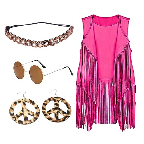 Generisch Hippie Kostüm Damen Set Fransen ärmellos Weste Hippie Kleidung Damen 60er 70er Jahre Bekleidung Damen Mädchen Disco Outfit Braun Fransenweste Damen Hippie Karneval Faschingskostüme Damen von Generisch