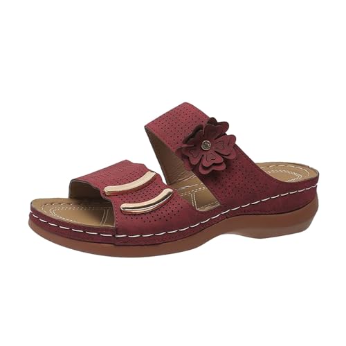 Generisch Hochwertige Damen Sandalen Lässige flache Modelle Blumenmuster Fußbekleidung Bequeme Hausschuhe Modische Sandalen für den Alltag (Red, 37) von Generisch