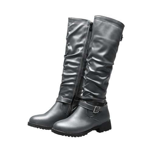 Generisch Hochzeit Damen Schuhe Modische Mode-Stiefel mit mittlerer Gürtelschnalle, runder Zehenpartie, niedrigem Absatz und seitlichem Reißverschluss Sommer Damen Schuhe (Grey, 42) von Generisch