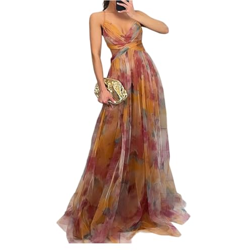 Generisch Hochzeitsgast Kleid Damen Brautjungfernkleider Große Größen Abiballkleider Hochzeitsgäste Festliche Ballkleider Herbst Neckholder Satin Tüllkleider Festlich Maxikleid 2#Safran M von Generisch