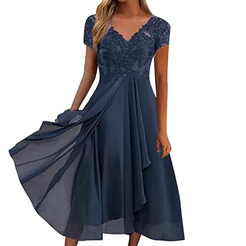 Generisch Hochzeitskleider, Abendkleider Elegant für Hochzeit Damen Chiffon Spitze Cocktailkleid Festliche Kleider Hochzeitsgast Brautjungfernkleider Ballkleid Prom Dress Partykleid, Blau, XXL von Generisch