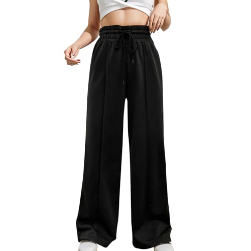 Generisch Höherwertig Damenhose High Waist Hose Mit Kordelzug Weites Bein Warm Hosen Damen Business Winterhose Elegant Outdoorhose Stretch Jogginghose Atmungsaktive Bequeme Relaxhose (TA-Black, S) von Generisch