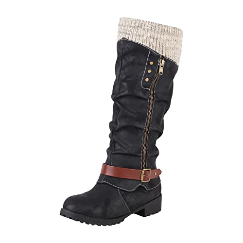Generisch Hohe Stiefel Damen Stiefel mit Absatz Winterstiefel Kniehohe Stiefeletten Flache Absätze Weitschaftstiefel Warm Cowboystiefel Lange Schuhe Ankle Boots Vintage Spitz Winterschuhe von Generisch