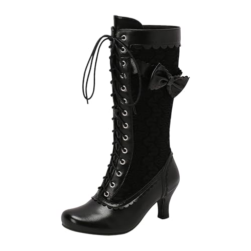 Generisch Hohe Stiefel Damen Vintage Viktorianische Reitstiefel Mittelkalb Damenstiefel Reißverschluss Kostüm Renaissance Schuhe Mittelabsatz Hochzeitskleid Winterschuhe Motorradstiefel von Generisch