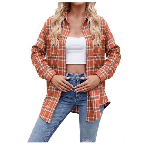 Generisch Holzfällerhemd Damen, Karierte Bluse Damen Flanellhemd Langarm Karohemd Holzfällerhemd Trachtenbluse Cord Hemd Langarm Fit Flanellhemden, Orange, M von Generisch