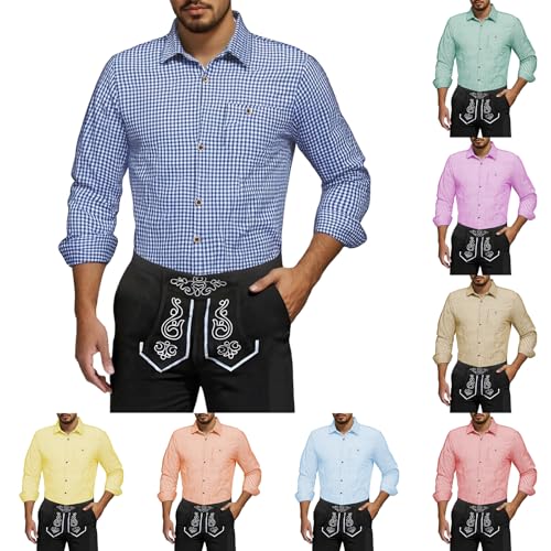 Generisch Trachtenhemd Herren Tracht Kariertes Hemd Langarm Slim Fit Karohemd Mit Tasche Baumwolle Freizeithemd Für Oktoberfest Blau M von Generisch