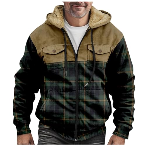 Generisch Holzfällerhemd Herren Gefüttert Fell Rot, Hemdjacke Kariertes Winterjacke Thermohemd Fleece Freizeit Jacke Mit Kapuze Kariert Holzfellhemd Rot Flanelljacke (XL, Armeegrün) von Generisch