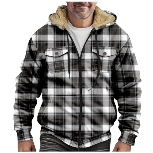 Generisch Holzfällerhemd Herren Gefüttert Mit, Hemdjacke Kariertes Winterjacke Thermohemd Fleece Freizeit Jacke Mit Kapuze Schwarz Weiß Jacken Holzfäller Hemd Flannel (4XL, Dunkelgrau) von Generisch