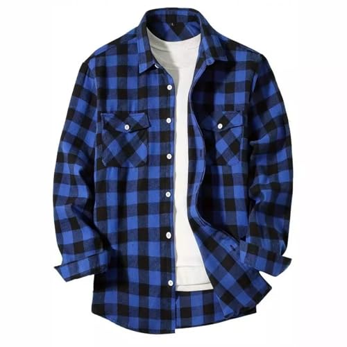 Generisch Holzfällerhemd Herren Slim fit Langarm Hemden für Herren Sommer Kariertes Flanellhemd Casual Freizeithemd mit Brusttasche Outdoor Jacke Baumwolle Western Hemd B Blau XL von Generisch