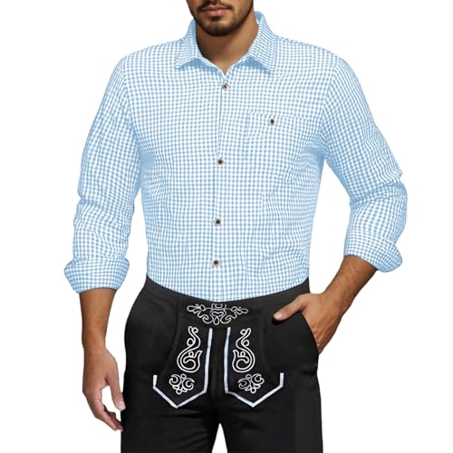 Generisch Holzfällerhemd Herren Trachtenhemd Tracht Kariertes Hemd Langarm Slim Fit Karohemd Mit Tasche Baumwolle Freizeithemd Für Oktoberfest Hellblau 3XL von Generisch