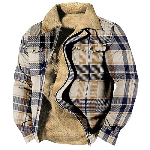 Generisch Holzfällerhemd Jacke Herren Gefüttert, Karo Kariert Hemdjacke Fleece Gefüttert Winterjacke Mit Reißverschluss Hemd Kapuze Flanelljacke Schwarz Lumberjacket (L, Khaki) von Generisch