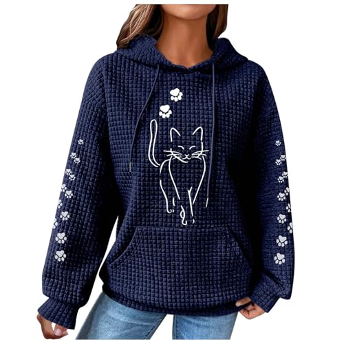 Generisch Hoodie Damen, Hoodie Damen Oversize Waffel Pullover Langarm Katzen Druck Sweatshirt mit Kapuze Kapuzenpullover Tasche Kordelzug Hoody Damen Oversized Casual Langarmshirt Sweatshirts Hoodies von Generisch