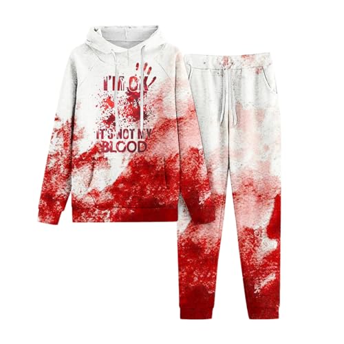 Generisch Hoodie Damen 2 Teiler Halloween Pollover，Blutspritzer Jogginghose Horror mit Blood Übergangs Jogginganzug Suits Gruselig Buchstaben Druck mit Tasche 2 Teilig Trainingsanzug von Generisch
