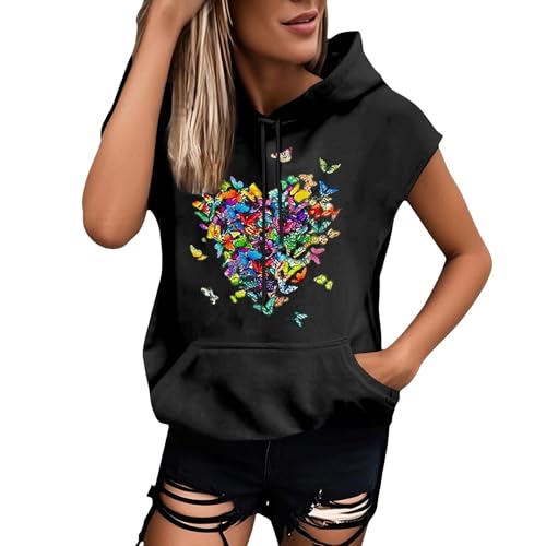 Generisch Hoodie Damen Ärmellos Oversize Kapuzenpullover Sweatshirt Mit Taschen Und Tunnelzug Einfarbig Pullover Freizeit Langarmshirt Leicht Hoody Baggy Weich Kapuzenpullover Black XXXL von Generisch