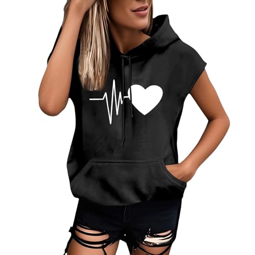 Generisch Hoodie Damen Ärmellos Oversize Sommer Kapuzenpullover Oberteile Leicht Pullover Sweatshirt mit Kapuze Casual Einfarbig Kapuzenshirt Weich Sweatshirt Tops Mit Taschen Black L von Generisch