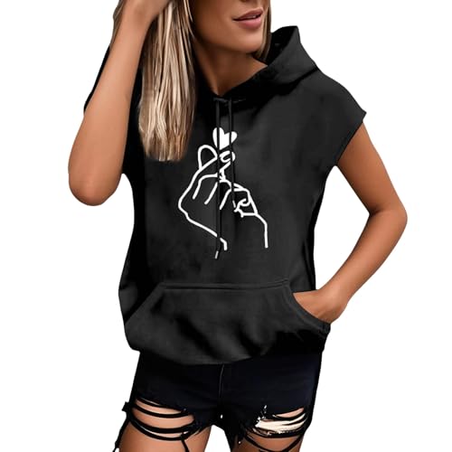 Generisch Hoodie Damen Ärmellos Oversize Sommer Kapuzenpullover Oberteile Leicht Pullover Sweatshirt mit Kapuze Casual Einfarbig Kapuzenshirt Weich Sweatshirt Tops Mit Taschen Black XXXL von Generisch