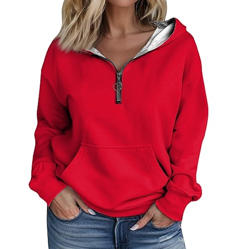 Generisch Hoodie Damen Festival Outfit Oversize Longbluse Festliche Blusen Zur Hochzeit Sport Laufshirt Langarm Long Pullover for Women Winter Kleidung Damen Thermooberteile Hentais Shirt (Rot,M) von Generisch