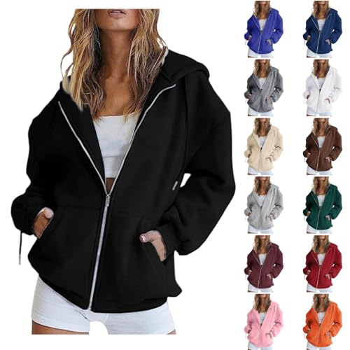 Generisch Hoodie Damen Full Zip Übergangsjacke mit Taschen Elegant Einfarbig Lässig Langärmelig Winter-Pullover mit Taschen Trainingsjacke Warm Baumwolle Hausanzug Jogginganzug von Generisch