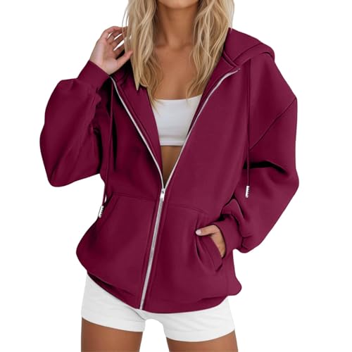 Generisch Hoodie Damen Kapuzenjacke mit Reißverschluss Casual Sweatshirt Kapuzenpullover mit Taschen Bequemer Sweatjacke Mit Kapuze Oversize Sportjacke Langarm Zipper Hoodies Strickjacke (002 Rot, L) von Generisch