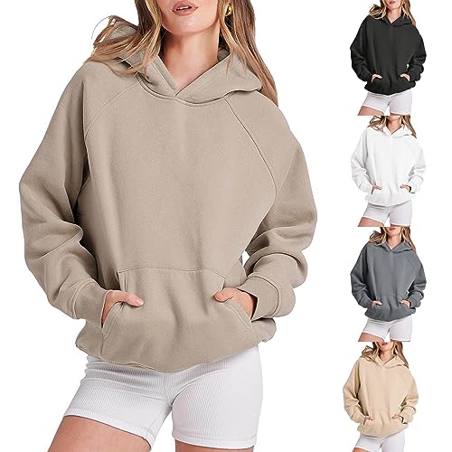 Generisch Hoodie Damen Kapuzenpullover Hoodies Oversize Casual Pullover Sweatshirt Langarm Baumwolle Pulli Herbst Winter Hoody mit Tasche (001 Khaki, S) von Generisch
