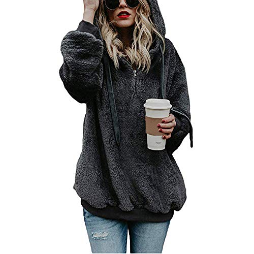 Generisch Hoodie Damen Kapuzenpullover Langarm Einfarbig Flauschig Teddy-Fleece Pullover Oversize Herbst Winter Warm Y2K Oberteil mit Tasche 2025 Frauen Leicht Bequem Casual Sweatshirt von Generisch