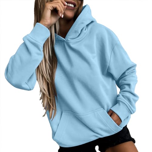 Generisch Hoodie Damen Kapuzenpullover Langarm Pullover Herbst Winter Casual Sweatshirt Mit Kapuze Und Taschen Baumwolle Hoody Große Größen Locker Oberteile Einfarbig Weich Hoodie Blau XXXXL von Generisch