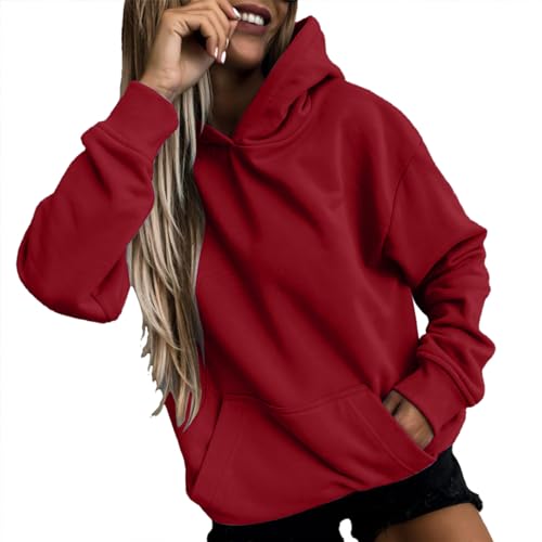 Generisch Hoodie Damen Kapuzenpullover Langarm Pullover Herbst Winter Casual Sweatshirt Mit Kapuze Und Taschen Baumwolle Hoody Große Größen Locker Oberteile Einfarbig Weich Hoodie Rot S von Generisch