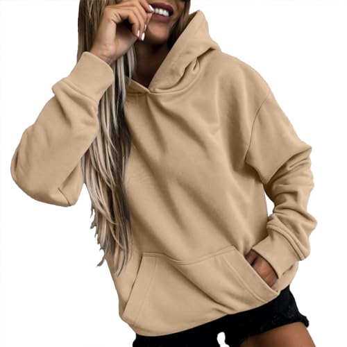 Generisch Hoodie Damen Kapuzenpullover Oversize Casual Pullover Langarm Sweatshirt Mit Tasche Und Kapuze Baumwolle Pulli Herbst Winter Hoody Große Größen Einfarbig Oberteile Khaki XXXXL von Generisch