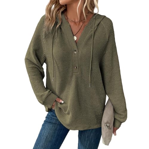 Generisch Hoodie Damen Kapuzenpullover V-Ausschnitt Leichter Pullover mit Knopfleiste und Kapuze Langarm Einfarbig Sweatshirts Frauen Lässig Tops T-Shirts Strickpullover Outdoor Warm Freizeit Bequeme von Generisch