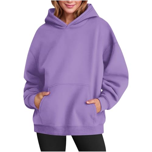 Generisch Hoodie Damen Kapuzenpullover Winter Pullover mit Taschen Sweatshirt Sweatjacke Strickpullover Einfarbig Langarmshirt Warm Oberteile Baumwolle Hoody Outwear Sale Damen Lila S von Generisch