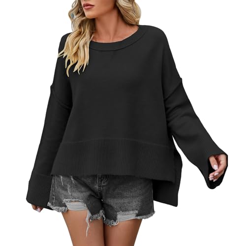 Generisch Hoodie Damen Mit Kapuze Hoodie Damen Kurzarm -Pullover mit Rundhalsausschnitt, einfarbig, lockere ausgestellte Ärmel Pullover Damen Oversize Damen Hoodie Ohne Kapuze (Black, XL) von Generisch