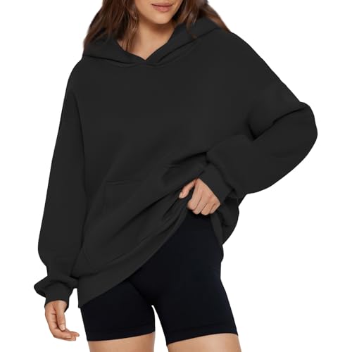 Generisch Hoodie Damen Oversize Kapuzenpullover Damen Winterpullover Warm Kapuze Pullover Hoodies Sweatshirt Oberteile Herbst Casual Langarmshirt Basic Tops mit Tasche Black 1 L von Generisch