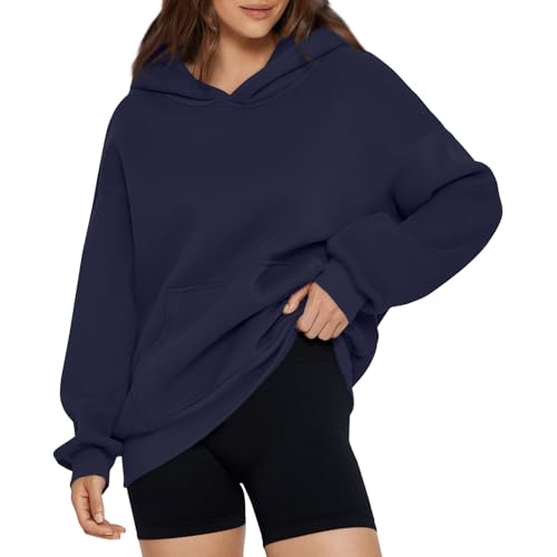 Generisch Hoodie Damen Oversize Kapuzenpullover Damen Winterpullover Warm Kapuze Pullover Hoodies Sweatshirt Oberteile Herbst Casual Langarmshirt Basic Tops mit Tasche Navy 1 XXL von Generisch