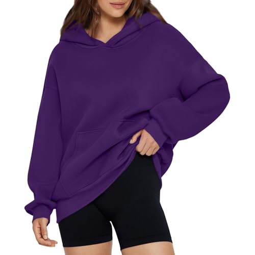 Generisch Hoodie Damen Oversize Kapuzenpullover Damen Winterpullover Warm Kapuze Pullover Hoodies Sweatshirt Oberteile Herbst Casual Langarmshirt Basic Tops mit Tasche Purple 1 XXL von Generisch